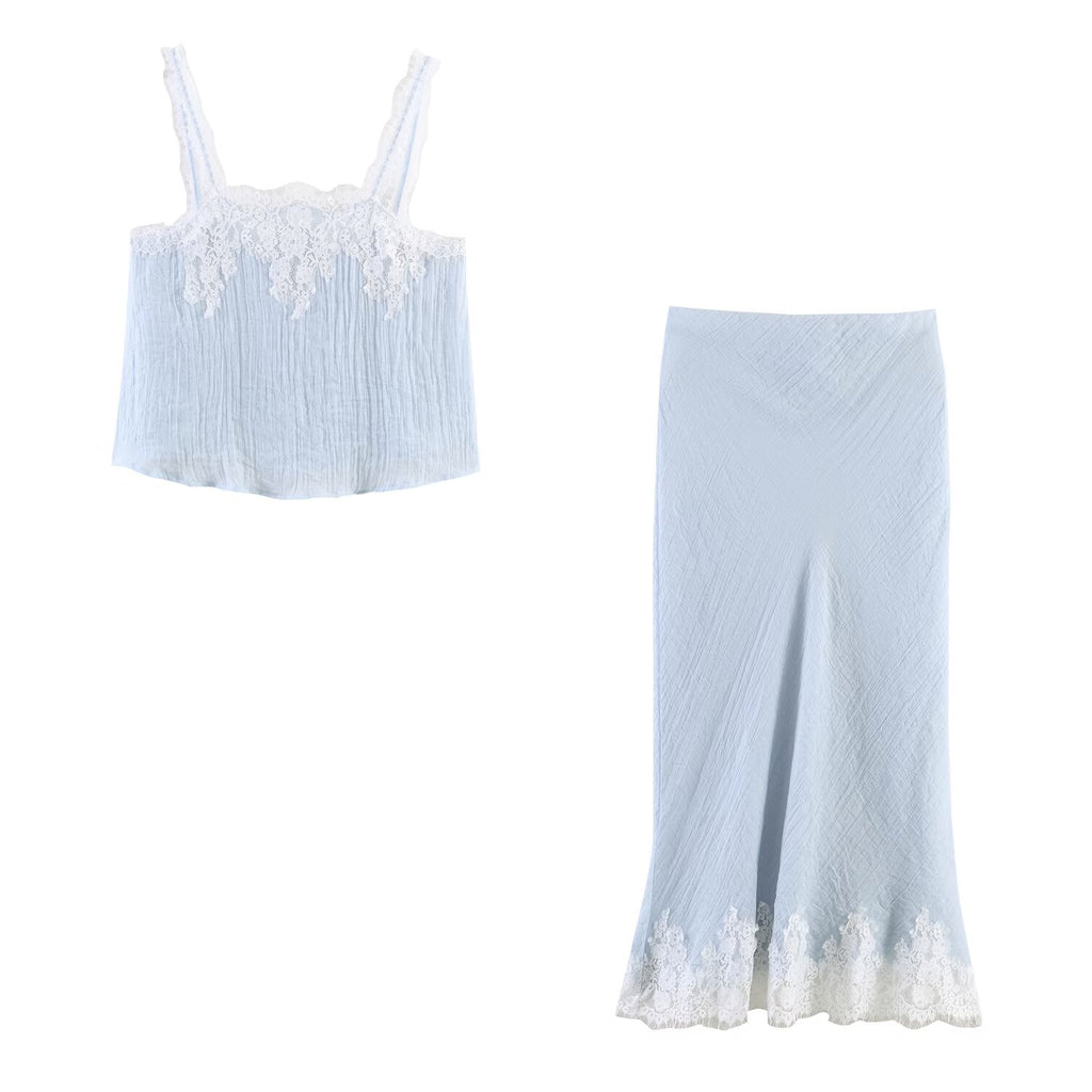 Women Clothing Western Lace Clothing Short Top Lace Midi Skirt Sets SenDa