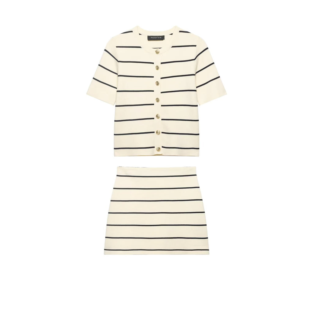 Women Striped Short Sleeved Knitted Jacket Mini Skirt Stes flightCourse