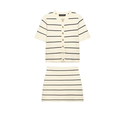 Women Striped Short Sleeved Knitted Jacket Mini Skirt Stes flightCourse