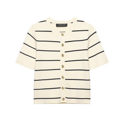 Women Striped Short Sleeved Knitted Jacket Mini Skirt Stes flightCourse