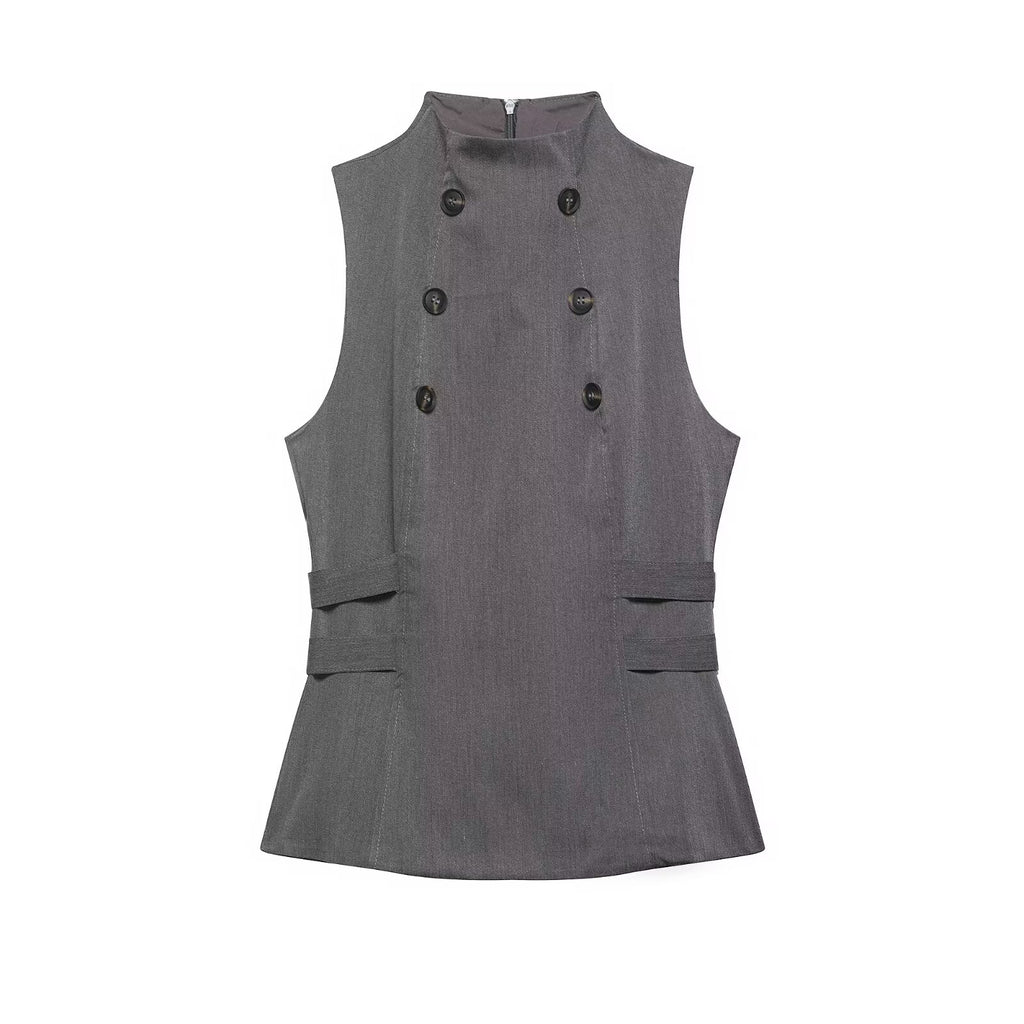 Women Clothing Summer Button Turtleneck Sleeveless Top flightCourse