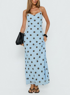 Gentle Elegant Pink Polka Dot Brace Dress Women Vintage Backless Lace up Design Tight Waist Maxi Dress Camille