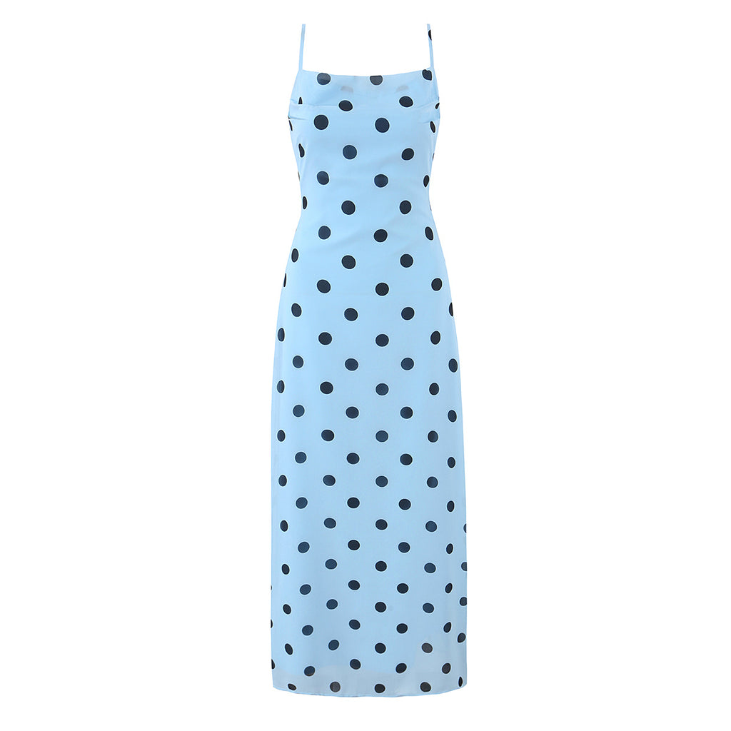Gentle Elegant Pink Polka Dot Brace Dress Women Vintage Backless Lace up Design Tight Waist Maxi Dress Camille