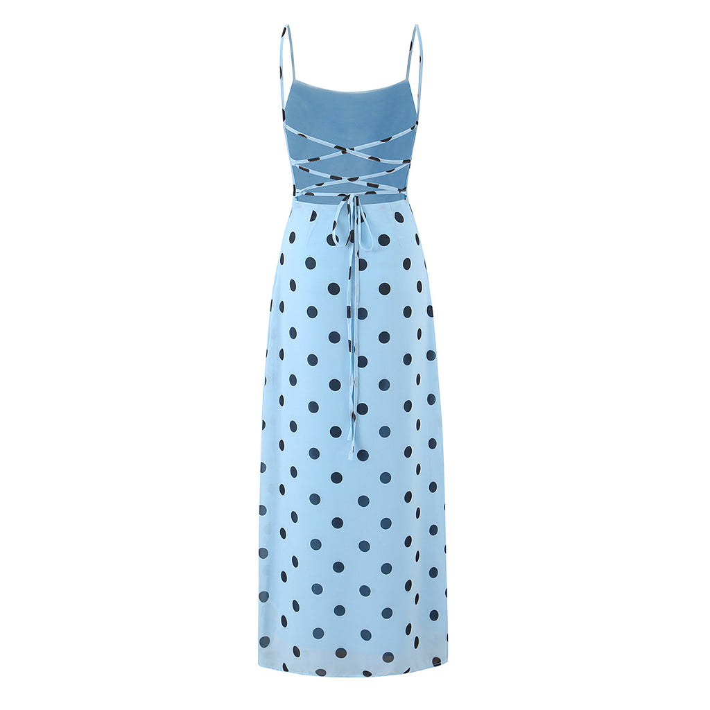 Gentle Elegant Pink Polka Dot Brace Dress Women Vintage Backless Lace up Design Tight Waist Maxi Dress Camille
