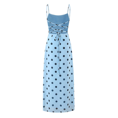 Gentle Elegant Pink Polka Dot Brace Dress Women Vintage Backless Lace up Design Tight Waist Maxi Dress Camille