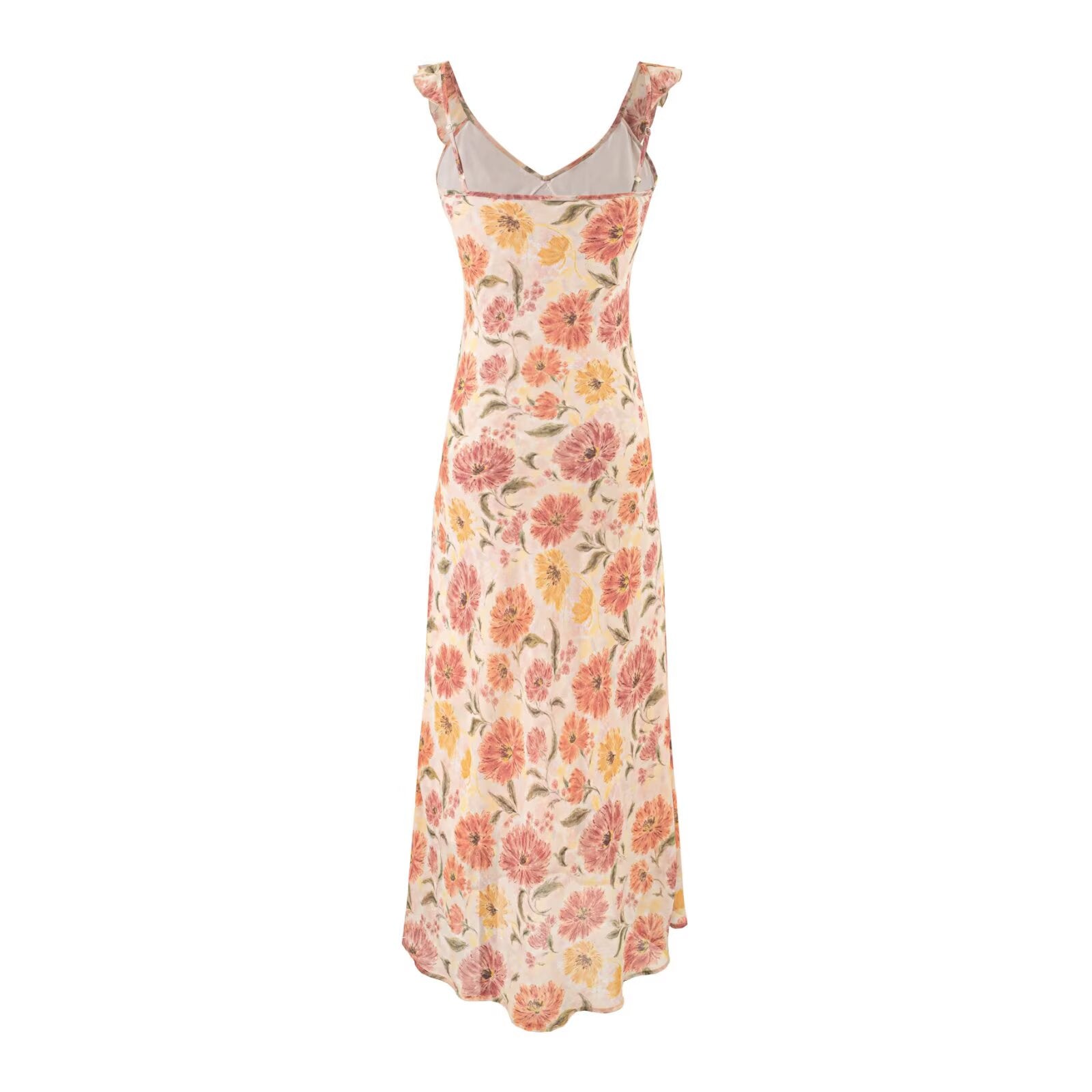 Romantic Bright Printed Suspender Dresses Summer V neck Flounce Lace up Waist Slim Fit Elegant Dress Long Dresses PullWind