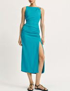 Women Elegant Slit Hemline Hem Pleated Gold Plated Inlaid Sleeveless Slim Slimming Dress TRAF