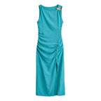 Women Elegant Slit Hemline Hem Pleated Gold Plated Inlaid Sleeveless Slim Slimming Dress TRAF