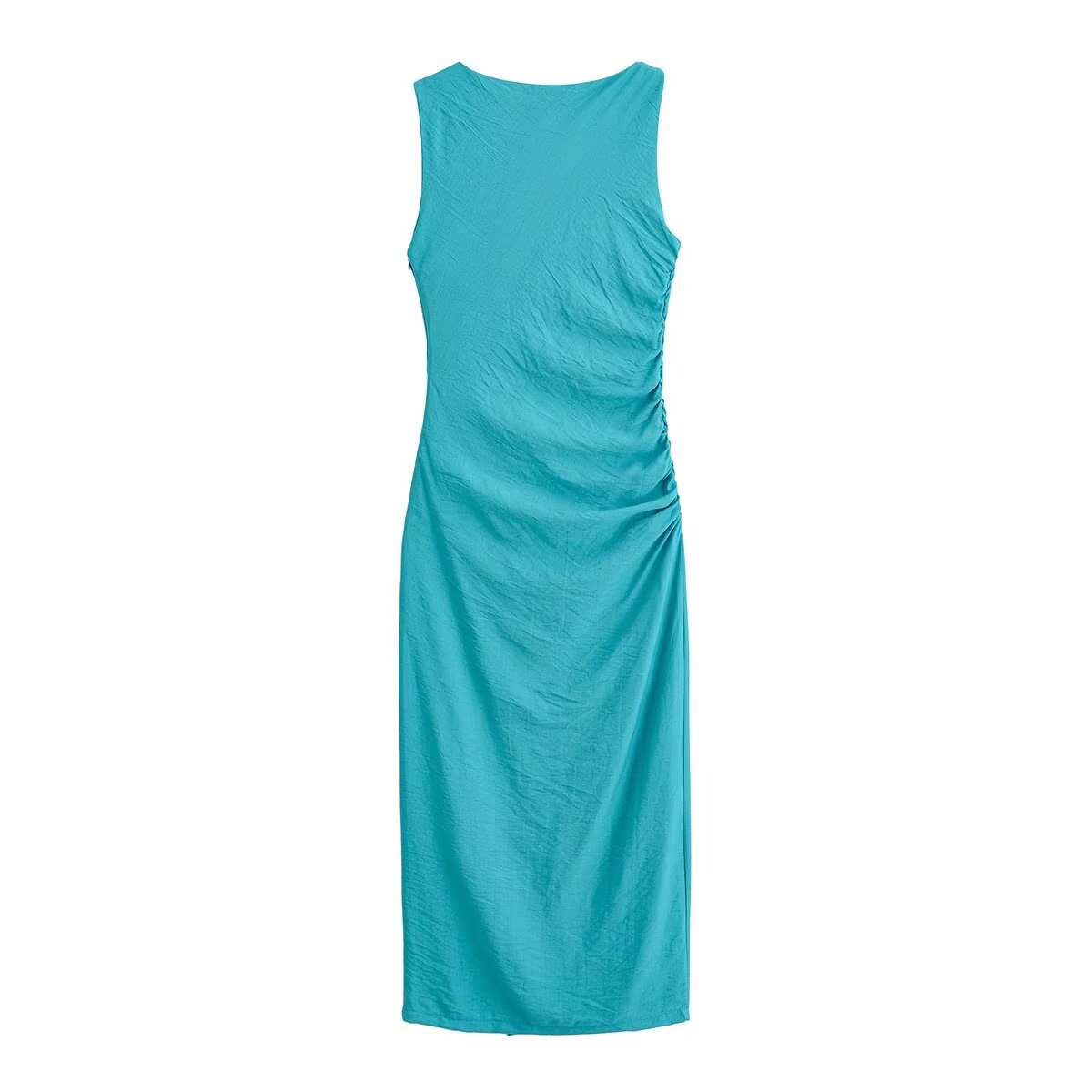 Women Elegant Slit Hemline Hem Pleated Gold Plated Inlaid Sleeveless Slim Slimming Dress TRAF
