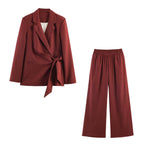 Summer Women Blended Bow Double Breasted Wide Leg Pants Set SenDa