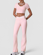 Summer Quick Drying Sports Suit with Chest Pad Top Contrast Color Fitness Short Sleeve Micro Pull Yoga Pants Casual Two Piece Sets YiGlo