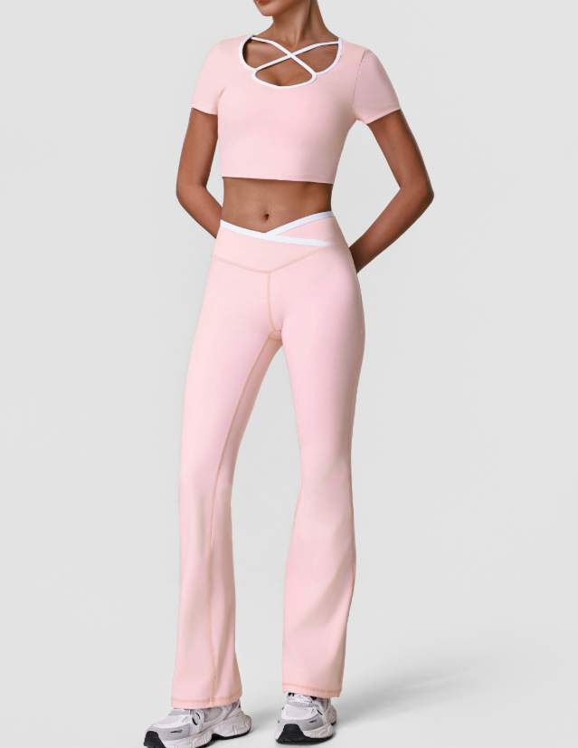 Summer Quick Drying Sports Suit with Chest Pad Top Contrast Color Fitness Short Sleeve Micro Pull Yoga Pants Casual Two Piece Sets YiGlo