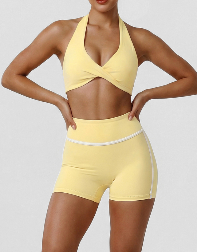 Summer High Waist Belly Contracting Fitness Shorts Yoga Halter Backless Bra Body Shaping Training Sports Two Piece Sets YiGlo