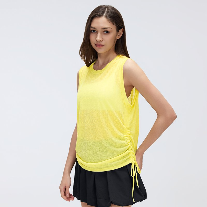 Simple round Neck Sleeveless Sports Vest Women Thin Breathable Side Drawstring Yoga Clothes Blouse Summer Tichin
