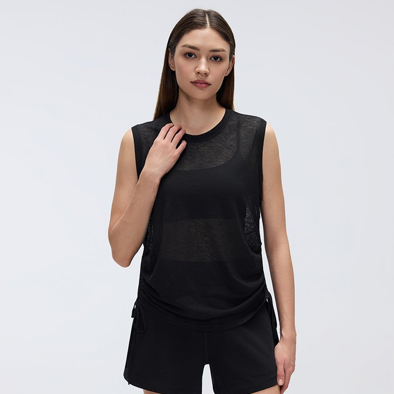 Simple round Neck Sleeveless Sports Vest Women Thin Breathable Side Drawstring Yoga Clothes Blouse Summer Tichin