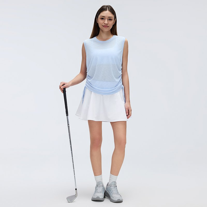 Simple round Neck Sleeveless Sports Vest Women Thin Breathable Side Drawstring Yoga Clothes Blouse Summer Tichin