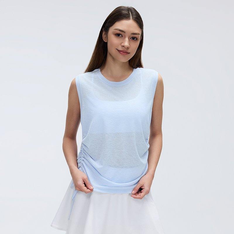 Simple round Neck Sleeveless Sports Vest Women Thin Breathable Side Drawstring Yoga Clothes Blouse Summer Tichin