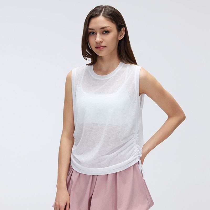 Simple round Neck Sleeveless Sports Vest Women Thin Breathable Side Drawstring Yoga Clothes Blouse Summer Tichin