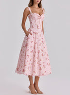 Sweet Floral Dress Women Elegant Stitching Lace Butterfly Lace Pleated Strap Dress TinkleBell