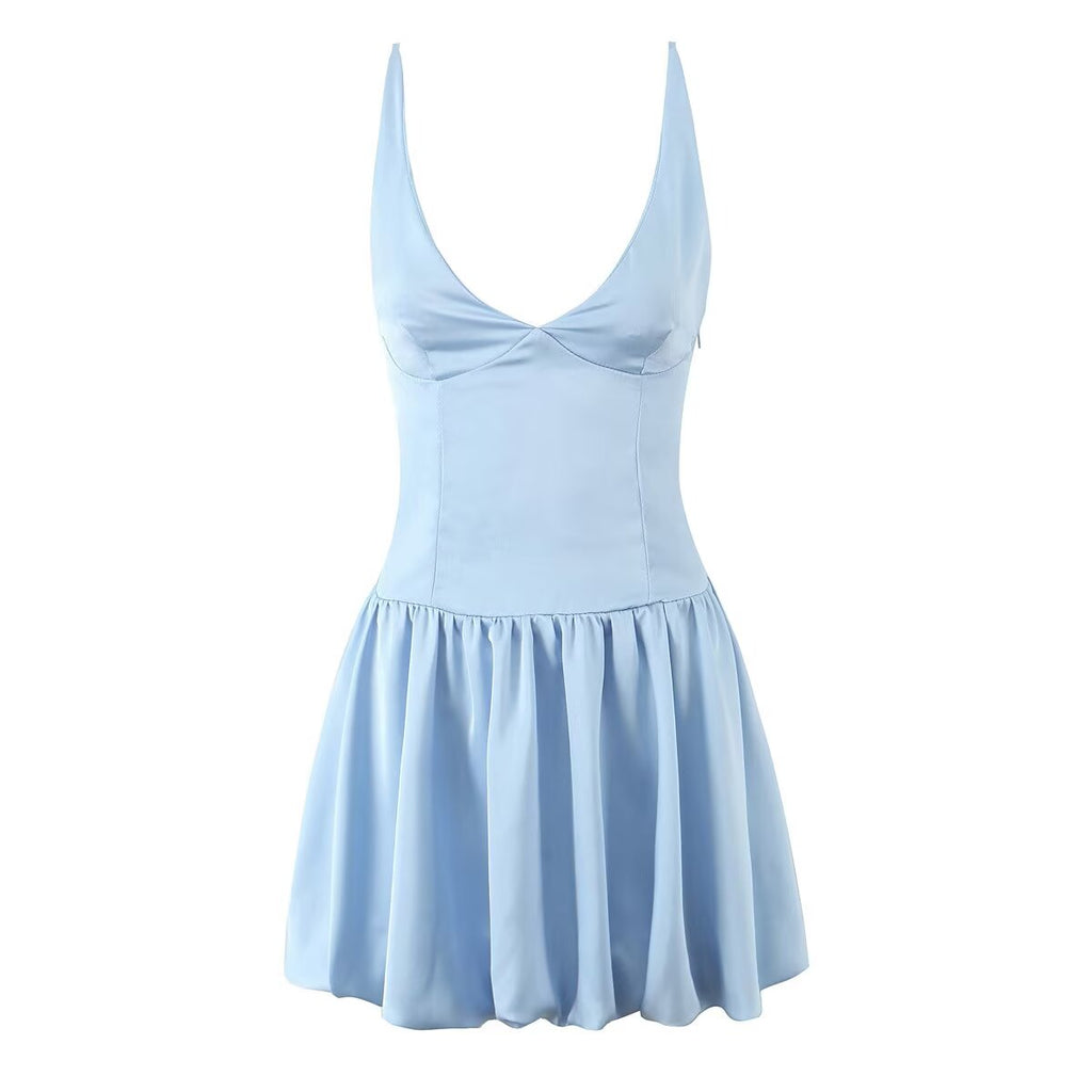 Sexy Deep V Plunge neck with Shoulder Straps Summer Slim Fit Tight Waist Back Strap Sexy Dress Aiostar