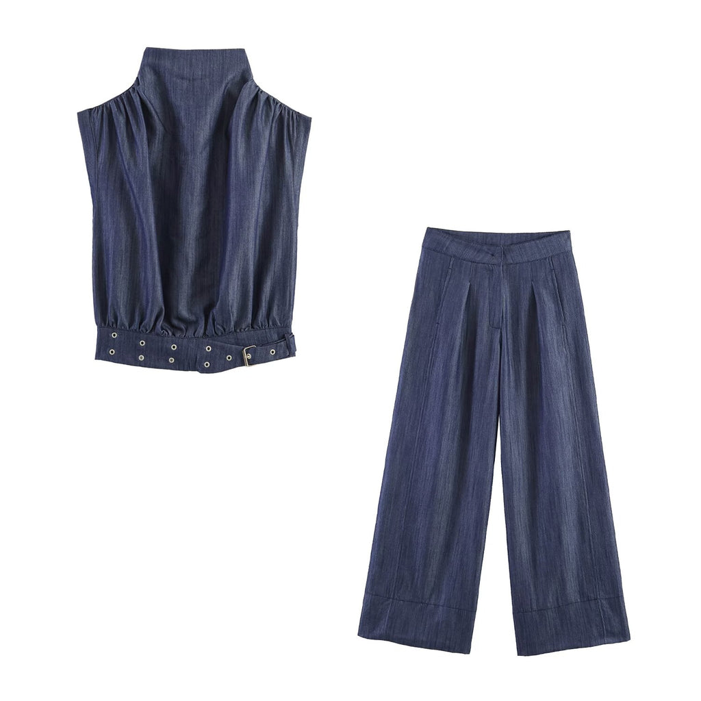 Summer Women Clothes Casual Sleeveless Stand Collar Rivet Buckle Top Wide Leg Trousers SenDa