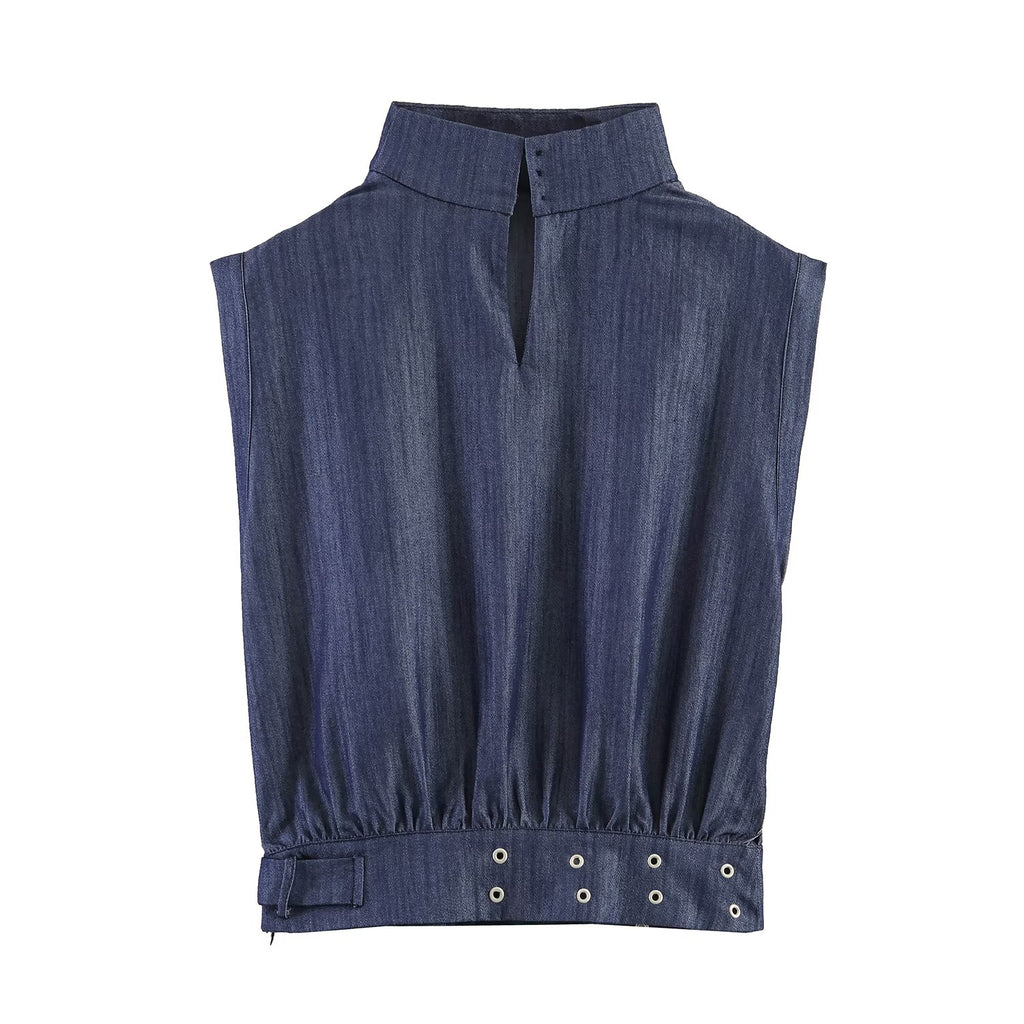 Summer Women Clothes Casual Sleeveless Stand Collar Rivet Buckle Top Wide Leg Trousers SenDa