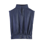 Summer Women Clothes Casual Sleeveless Stand Collar Rivet Buckle Top Wide Leg Trousers SenDa