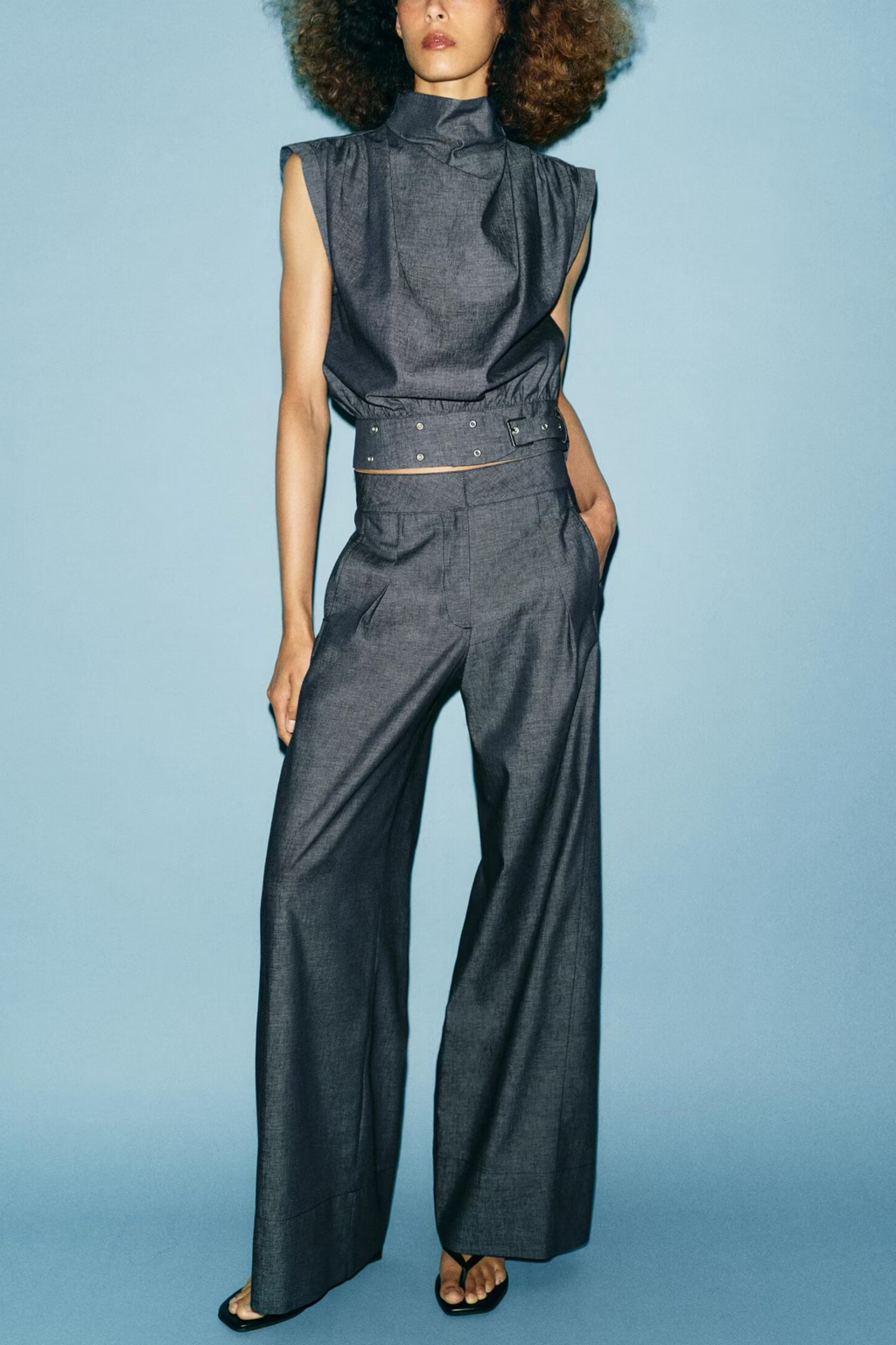 Summer Women Clothes Casual Sleeveless Stand Collar Rivet Buckle Top Wide Leg Trousers SenDa