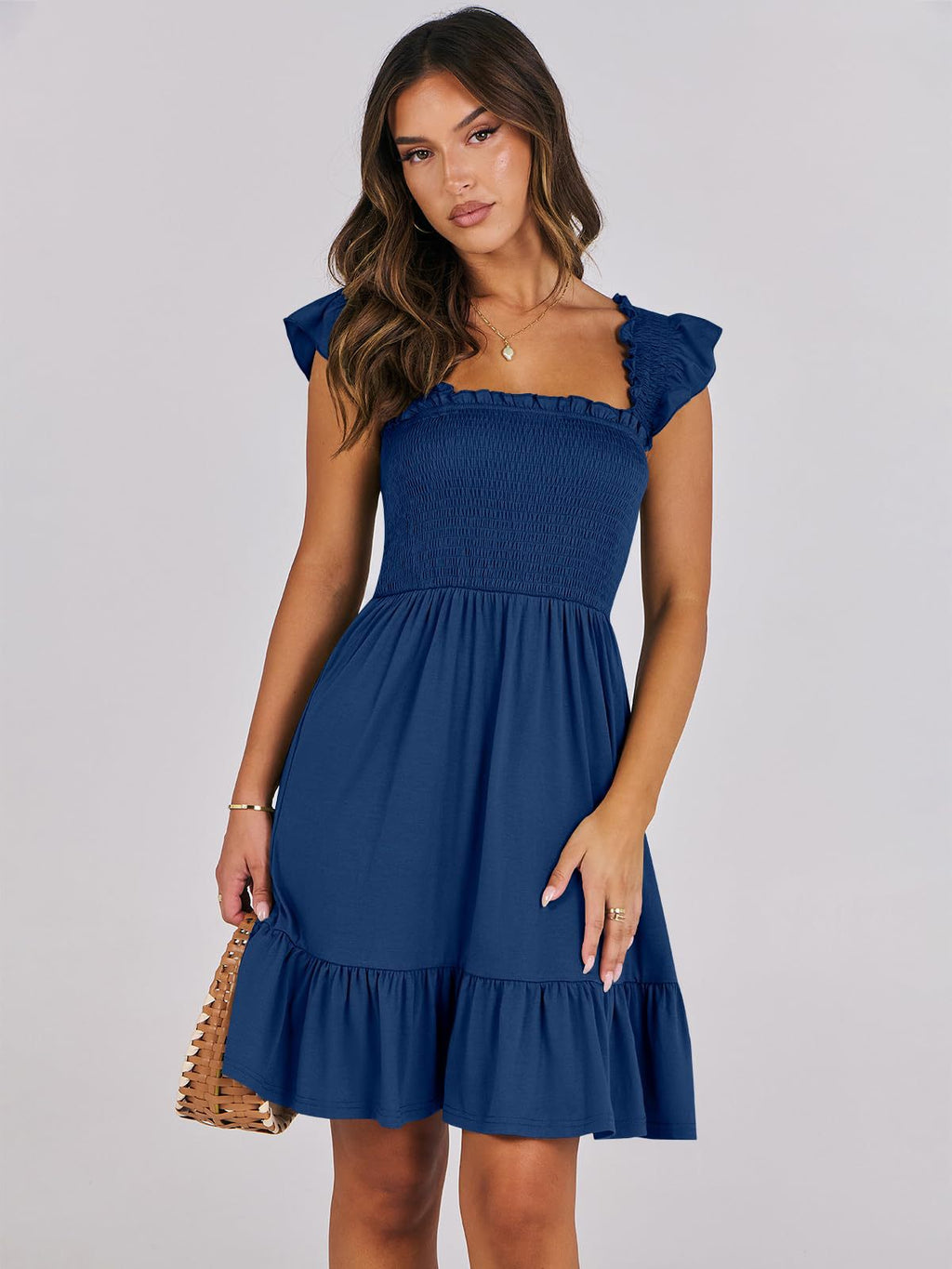 Women Clothing Summer Square Collar Plaid Smocking Sweet Mid Length Dress MONDAY