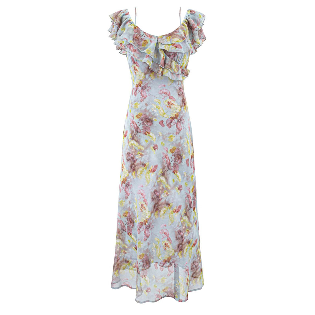 Romantic Floral Short Sleeved Dress Women Summer Tight Waist Beautiful Whitening Gentle Ruffled Collar Oblique Cut Maxi Dress PullWind