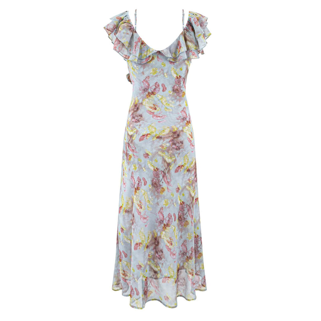 Romantic Floral Short Sleeved Dress Women Summer Tight Waist Beautiful Whitening Gentle Ruffled Collar Oblique Cut Maxi Dress PullWind