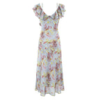Romantic Floral Short Sleeved Dress Women Summer Tight Waist Beautiful Whitening Gentle Ruffled Collar Oblique Cut Maxi Dress PullWind