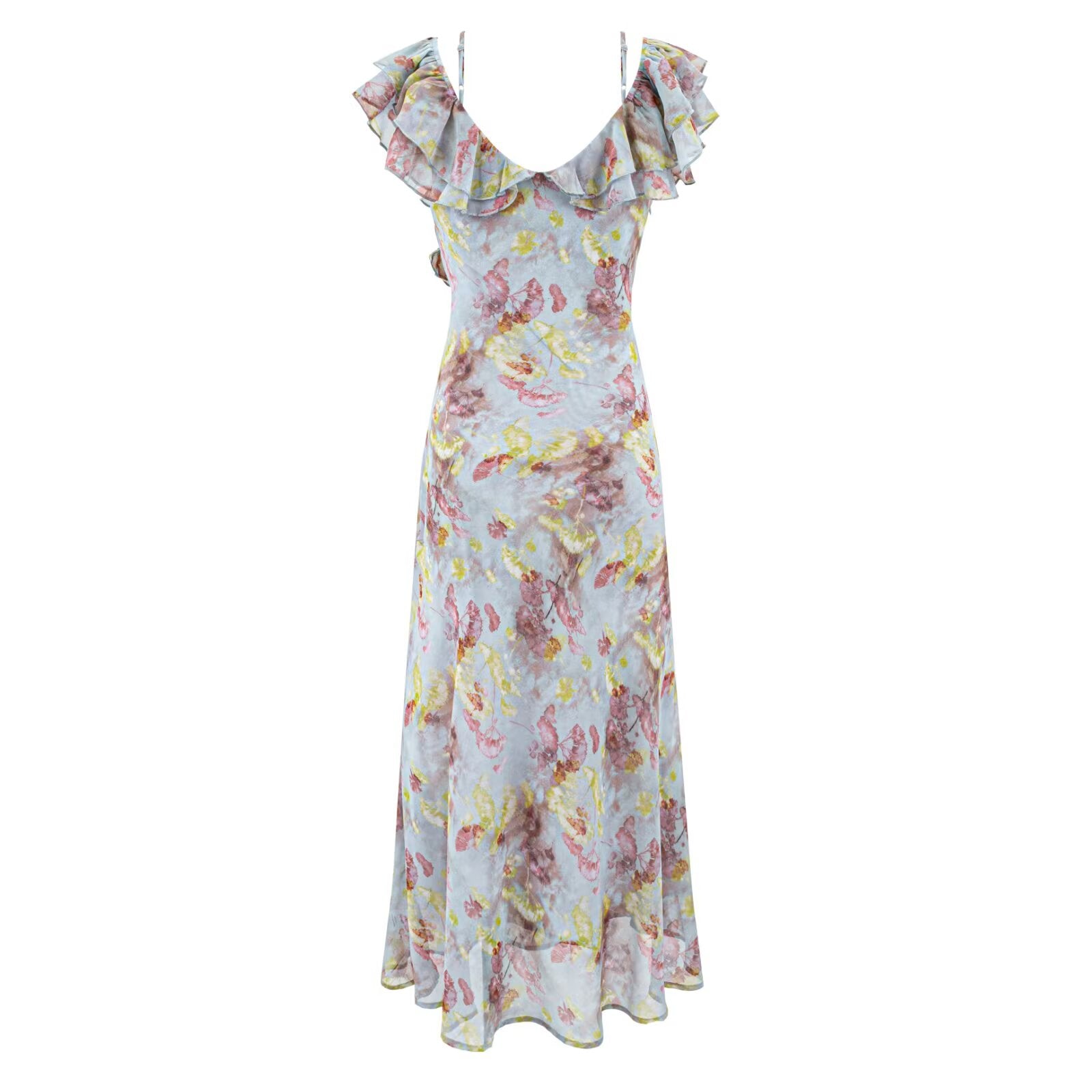 Romantic Floral Short Sleeved Dress Women Summer Tight Waist Beautiful Whitening Gentle Ruffled Collar Oblique Cut Maxi Dress PullWind