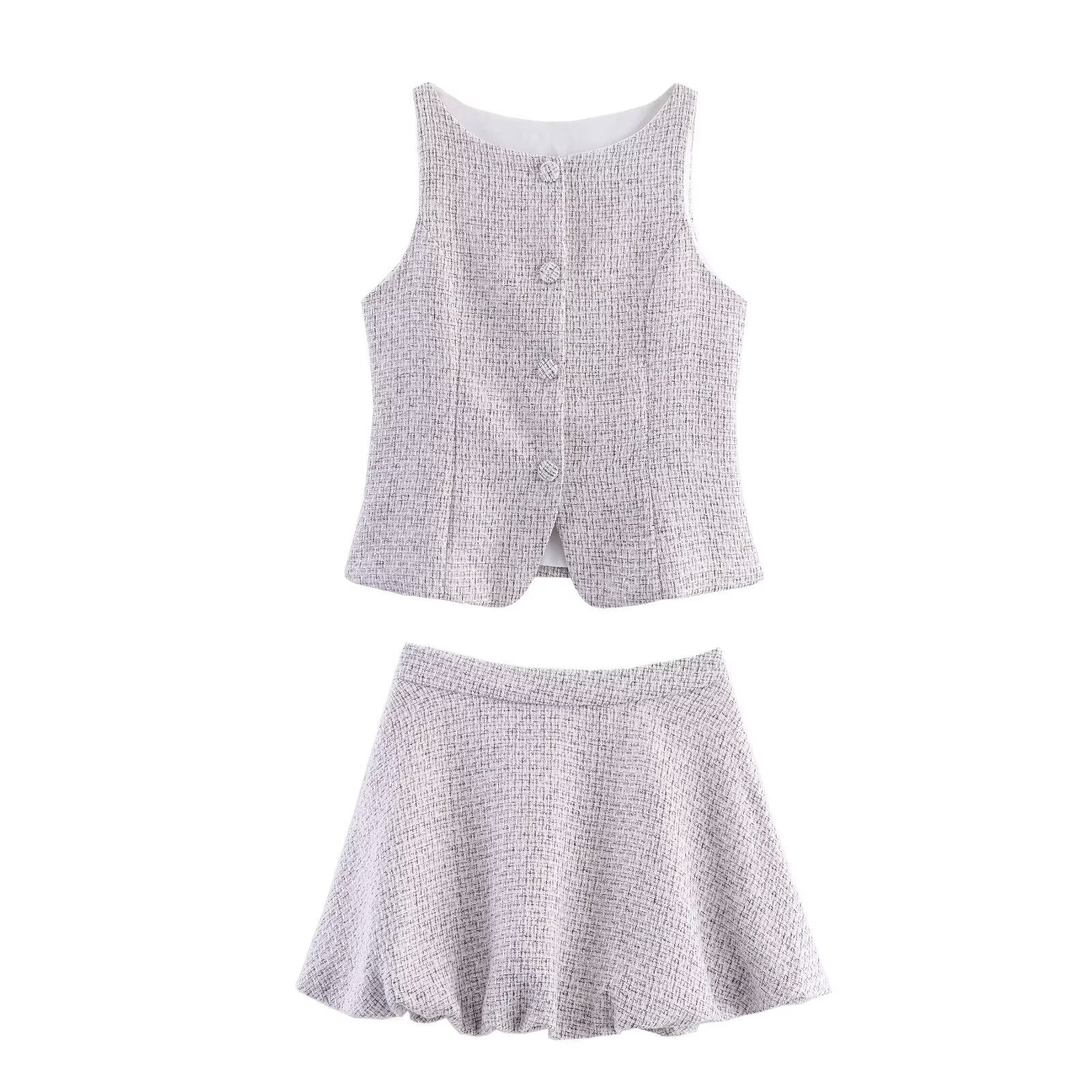 Women Clothing Tweed Sleeveless Vest Half Length Skirt Outfit Wennie