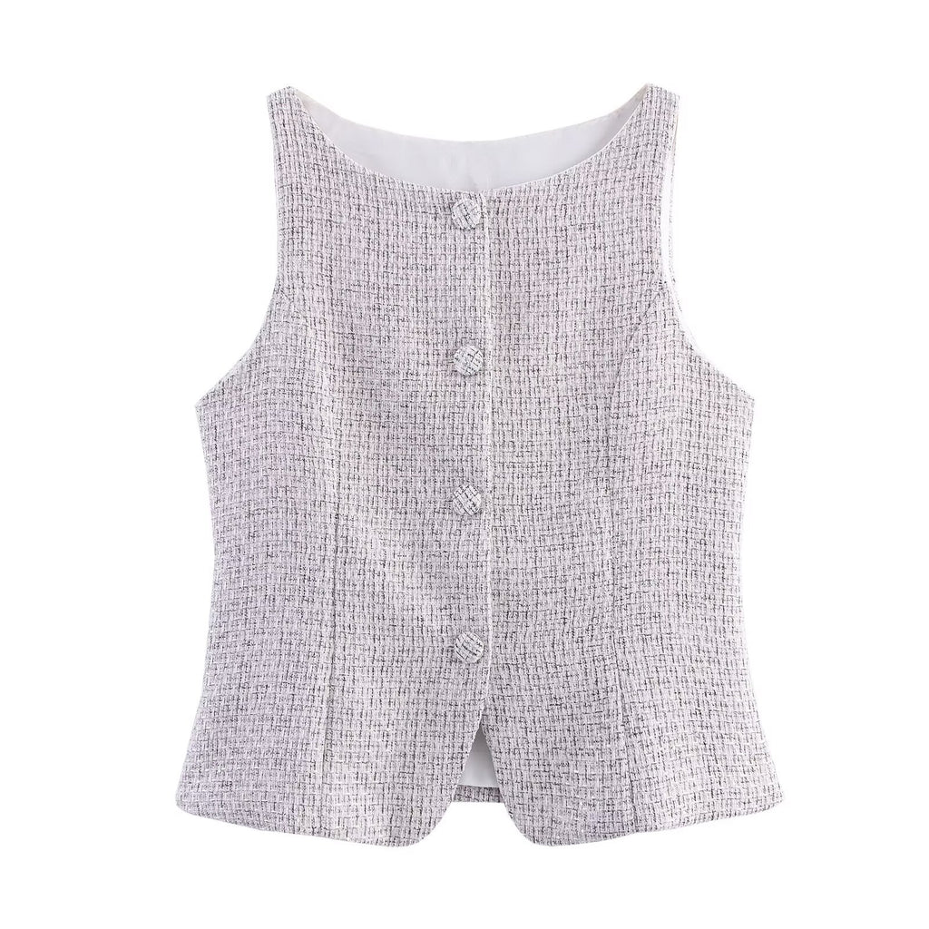 Women Clothing Tweed Sleeveless Vest Half Length Skirt Outfit Wennie