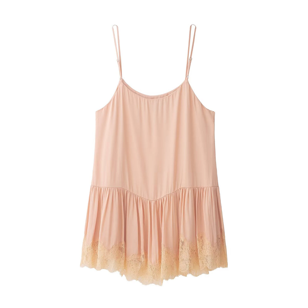 Women Clothing Summer Lace Stitching Silk Satin Textured Dress flightCourse