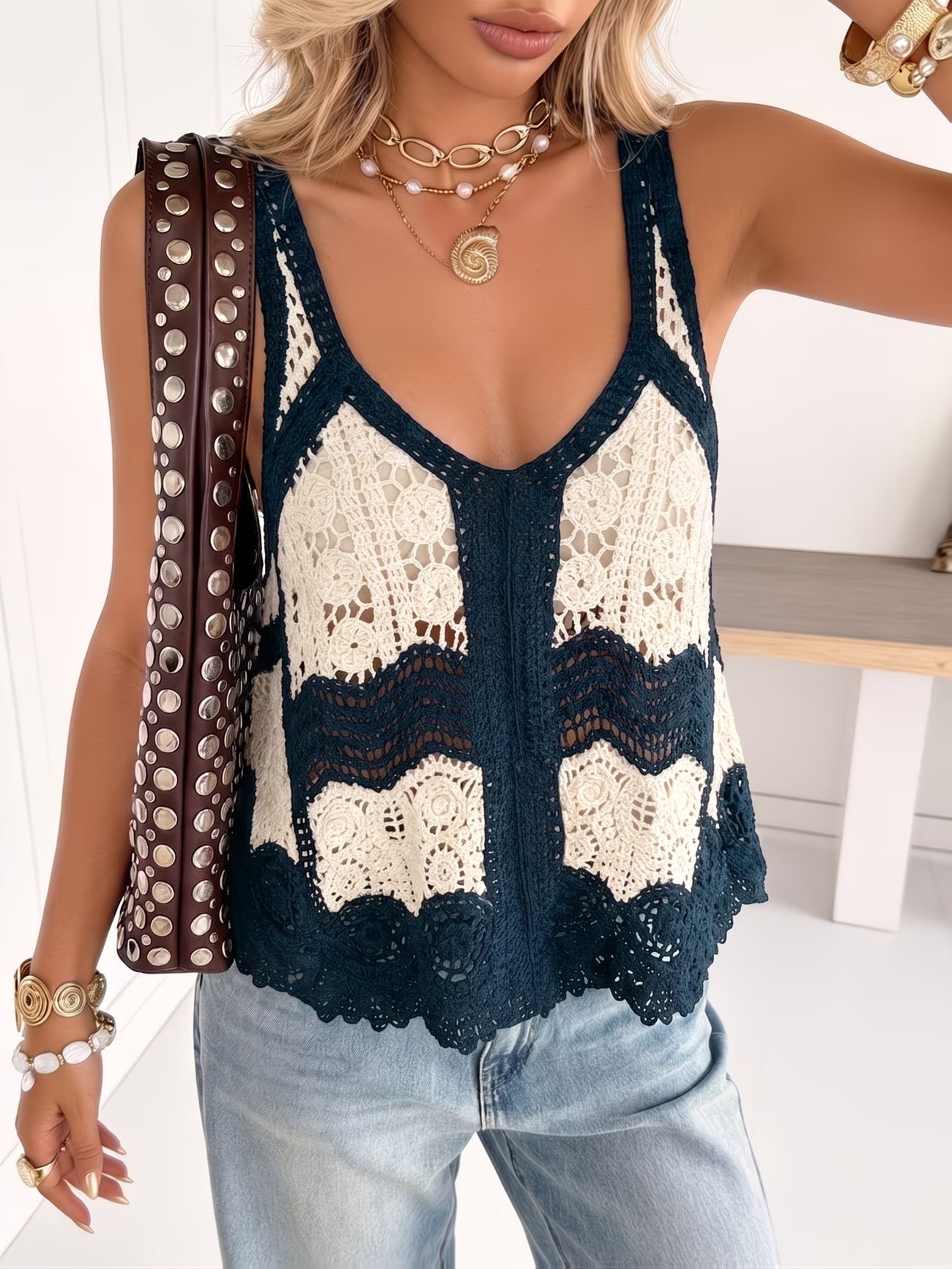 Women Hollow Colored Contrasting Patterned Hook Lace Bralette V Neck Slimming Knit Top Reddy