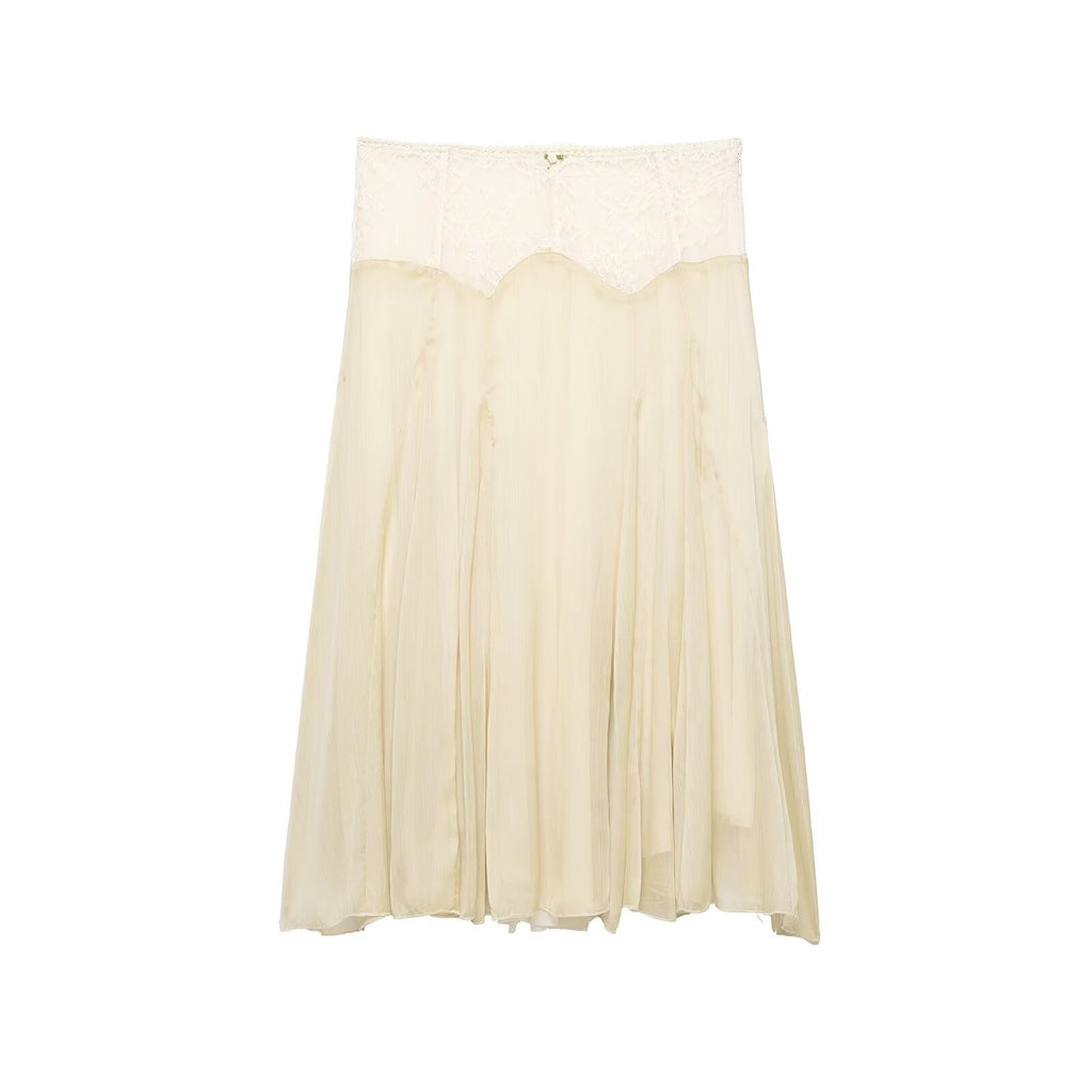 Women Clothing Summer Gentle Lace Stitching Midi Skirt flightCourse