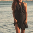Women Clothing Women Silk Satin Texture Hanging Collar Dress Shell
