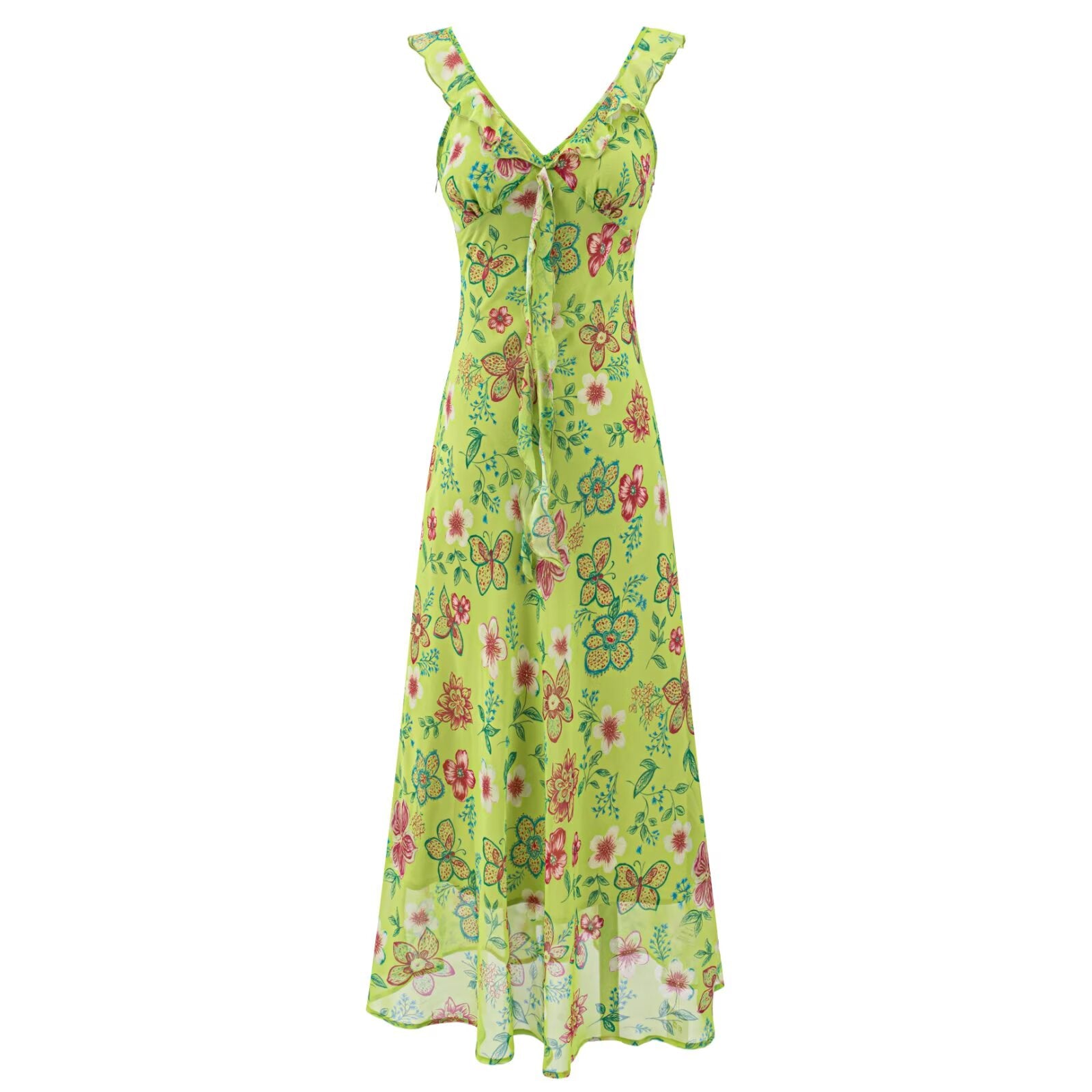 Vacation Green Elegant Dress Women Sexy V neck Flounce Slim Fit Sheath Tea Break Dress PullWind
