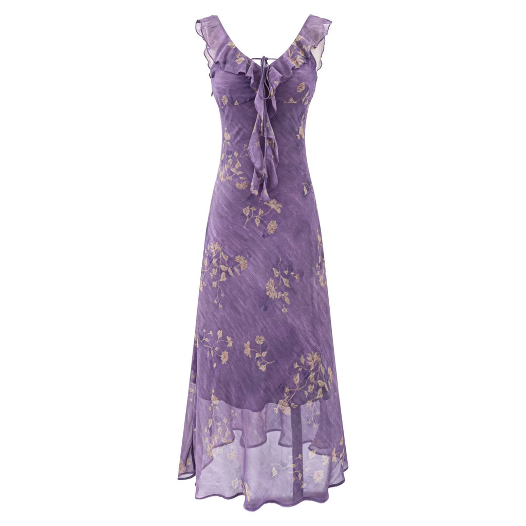 Summer Gentle Extremely Beautiful Printed Ruffled Collar Vacation Slim Slimming Dress PullWind