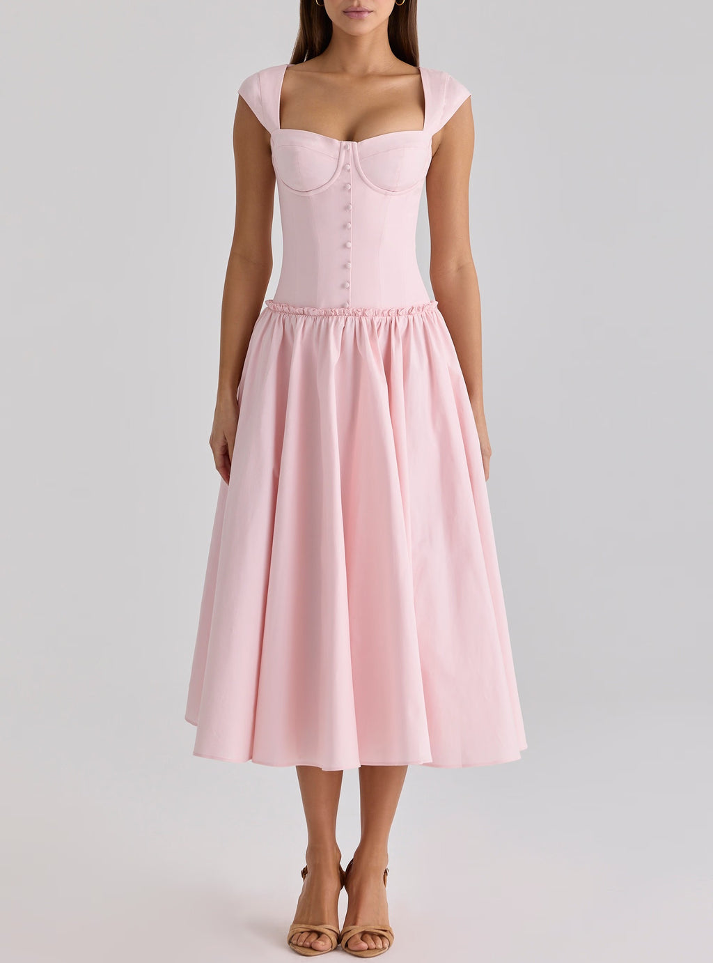 French Sweet Pink Boning Corset Strap Dress Cocktail Formal Mid Length Dress Women Summer TinkleBell