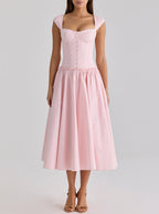 French Sweet Pink Boning Corset Strap Dress Cocktail Formal Mid Length Dress Women Summer TinkleBell