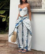 Women Clothing Summer Blue White Porcelain Positioning Printing Top Blue White Porcelain Positioning Printing Trousers TinkleBell