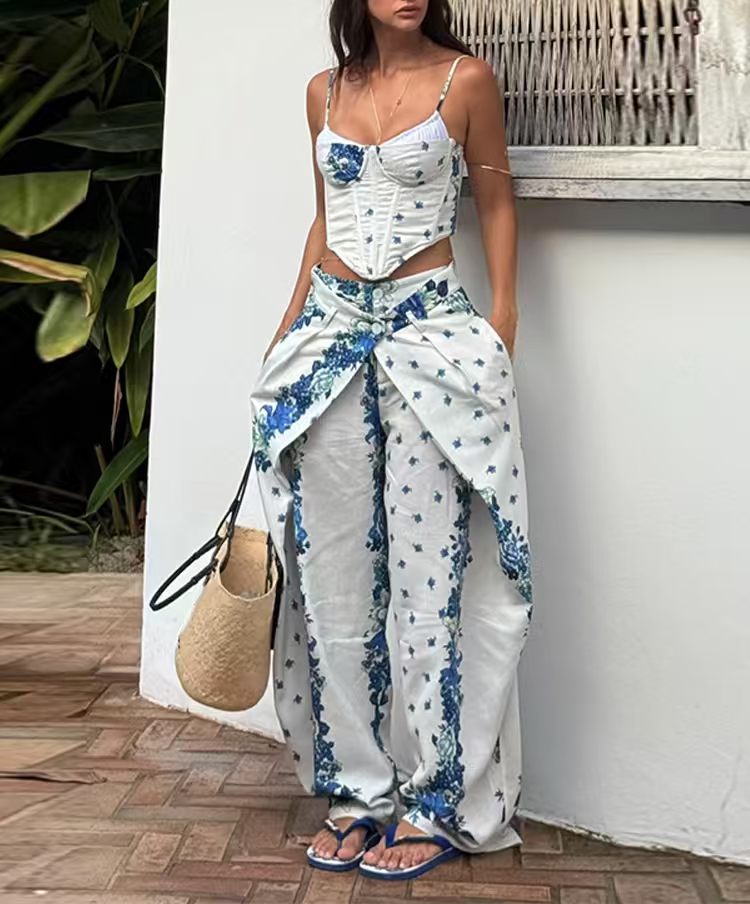 Women Clothing Summer Blue White Porcelain Positioning Printing Top Blue White Porcelain Positioning Printing Trousers TinkleBell