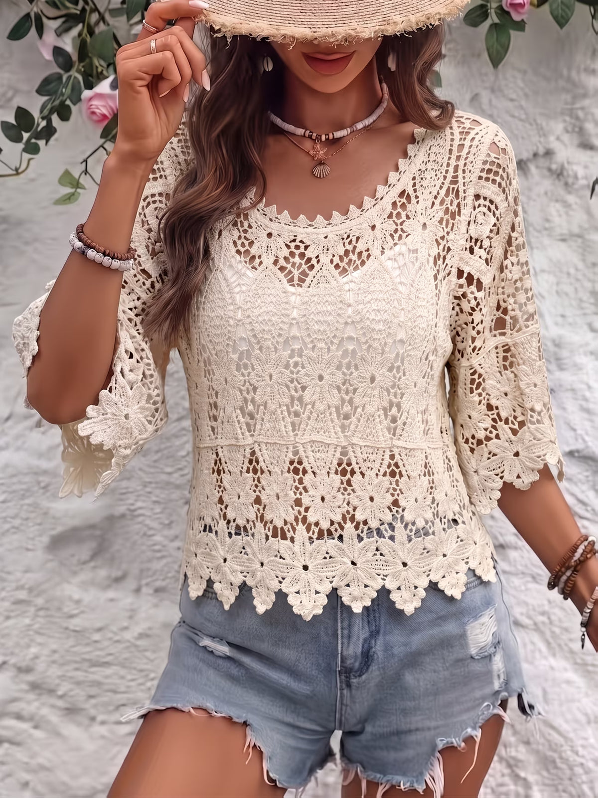 Women Summer Lace Knit Solid Color Round Neck Top Reddy