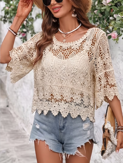 Women Summer Lace Knit Solid Color Round Neck Top Reddy