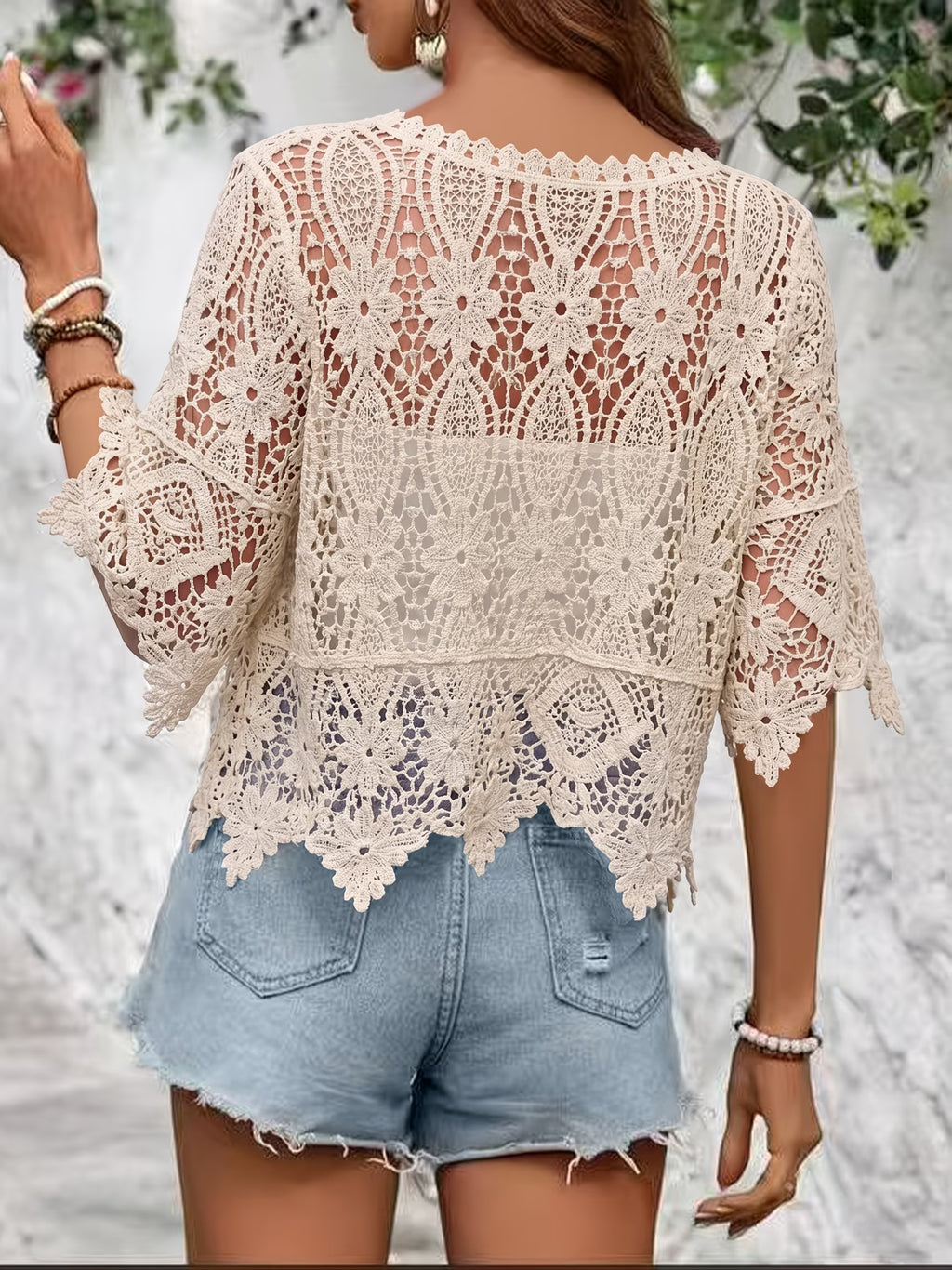 Women Summer Lace Knit Solid Color Round Neck Top Reddy