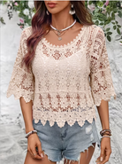 Women Summer Lace Knit Solid Color Round Neck Top Reddy