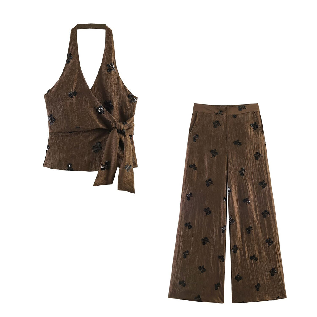 Fashionable Sequin Hanging Collar Top Pant Sets SenDa